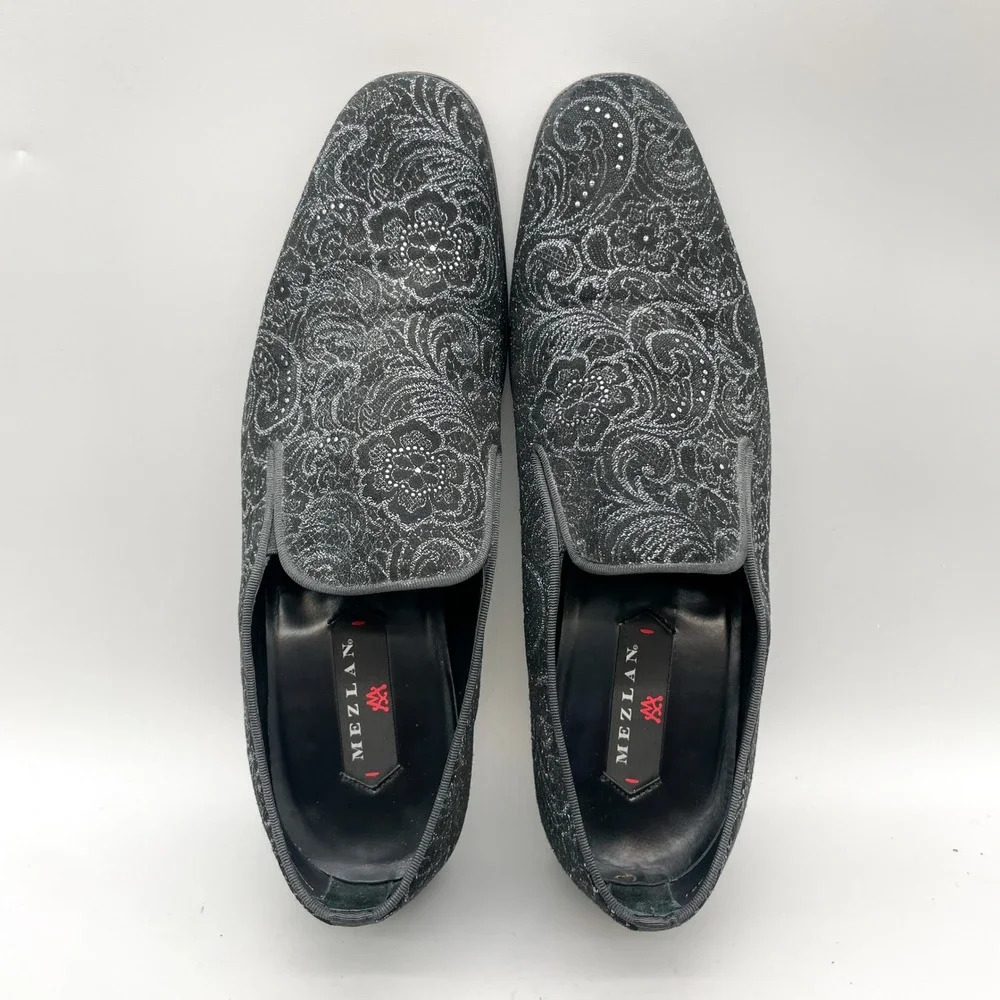 Mezlan Mens 11M Damon Loafers Black Silver Glitter Paisley Tuxedo Wedding Dandy_9